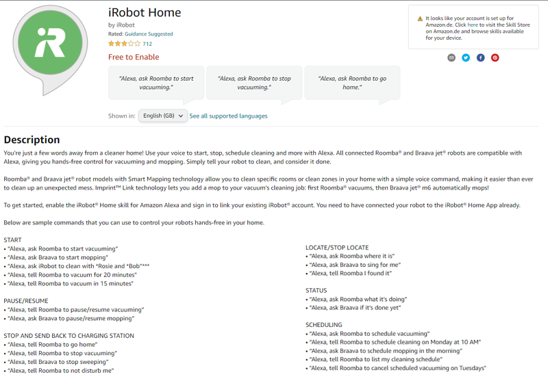 The Alexa voice control commands for an iRobot Roomba vacuum robot are listed.